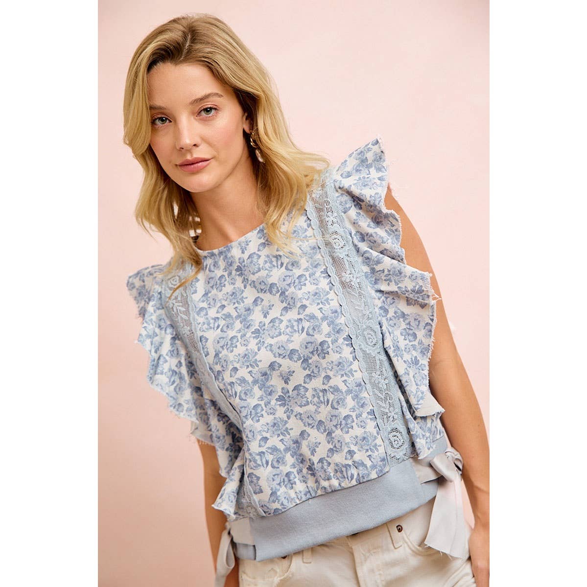 FLORAL PRINTED TWILL LACE TRIM DETAIL SIDE BOW TIED TOP