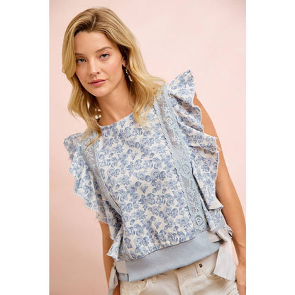 FLORAL PRINTED TWILL LACE TRIM DETAIL SIDE BOW TIED TOP