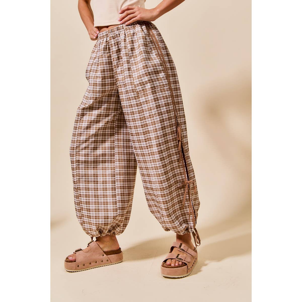 CHECKERED PLAID ELASTICIZED JOGGER TRACK PANTS