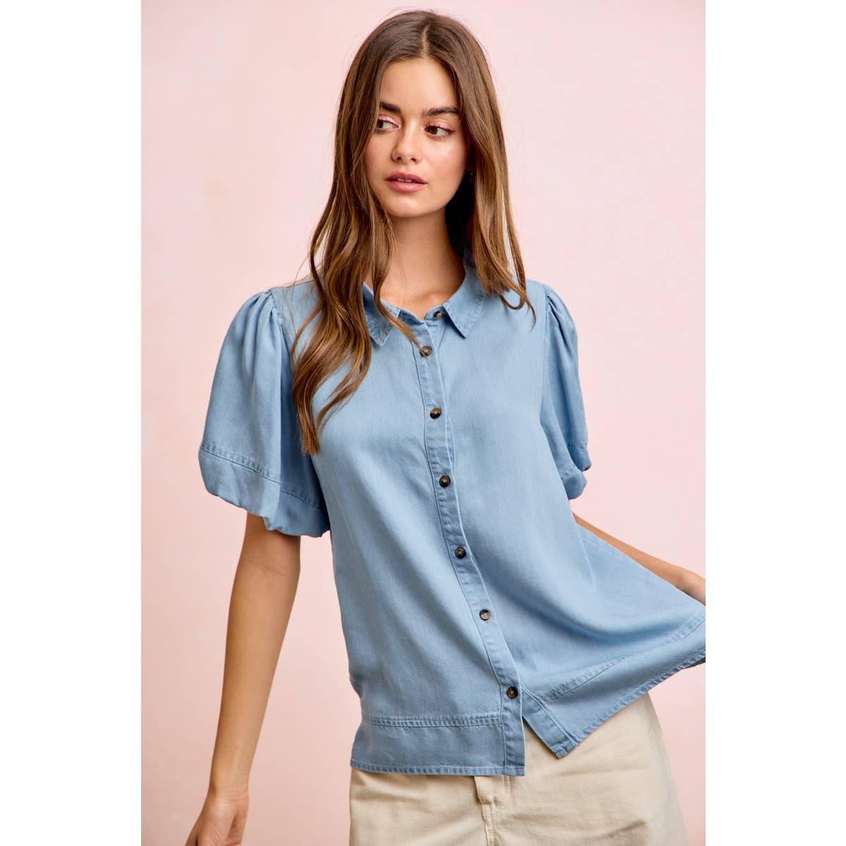 PUFF SLEEVES WASHED TENCEL SHIRT TOP