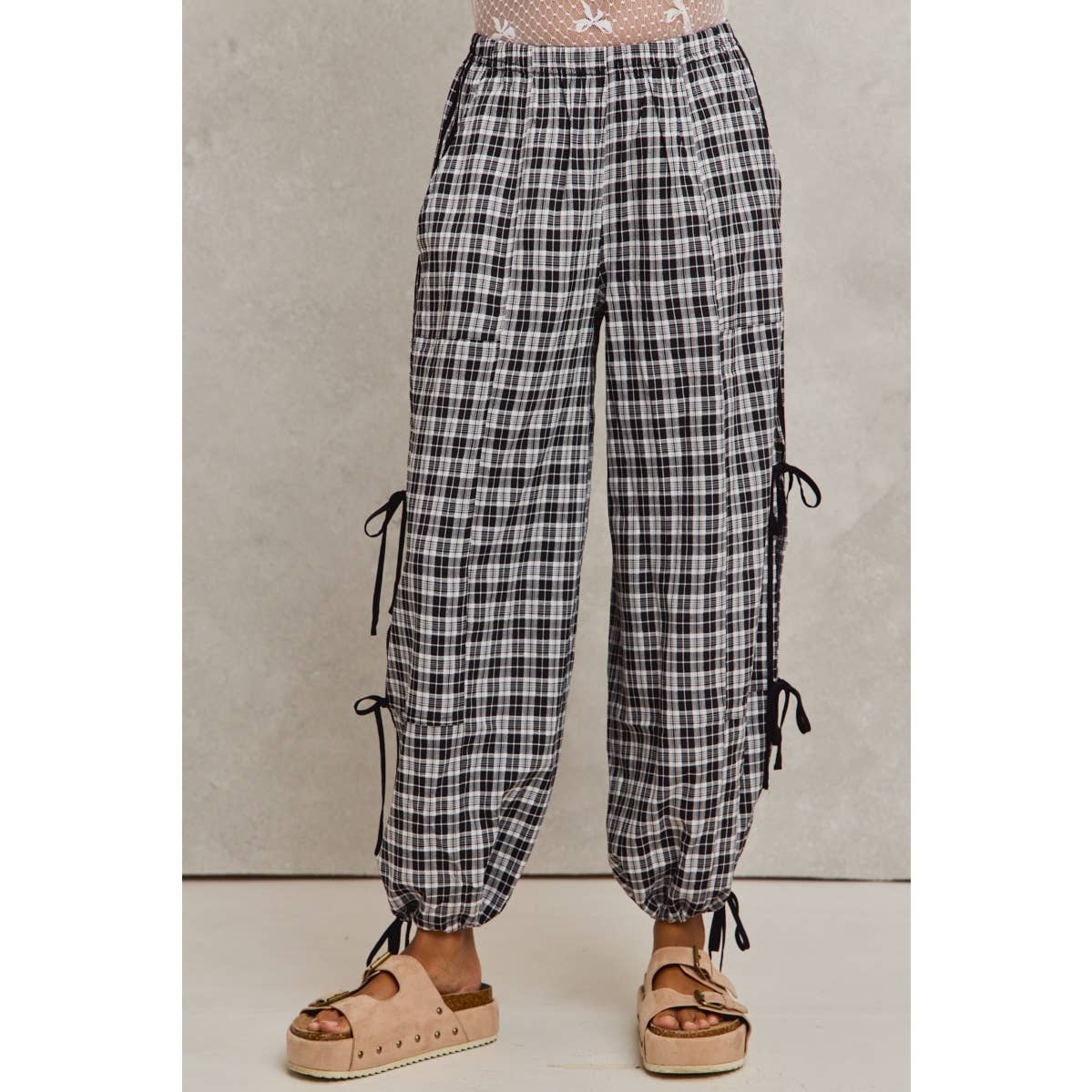 CHECKERED PLAID ELASTICIZED JOGGER TRACK PANTS