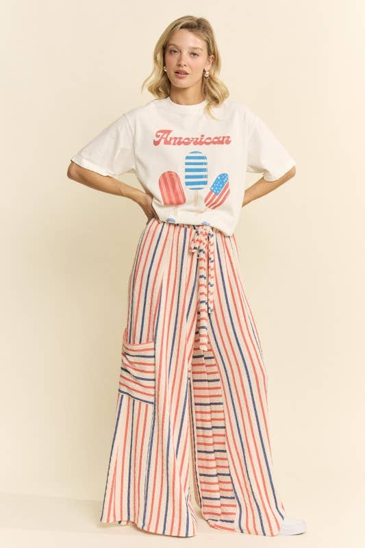 RED&BLUE STRIPE WIDE LEG PANTS