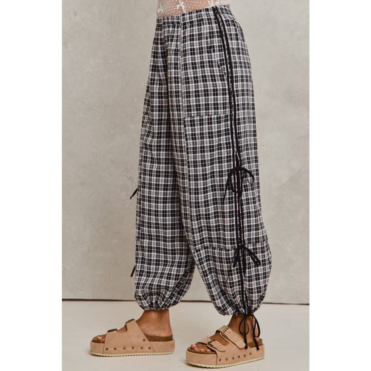 CHECKERED PLAID ELASTICIZED JOGGER TRACK PANTS