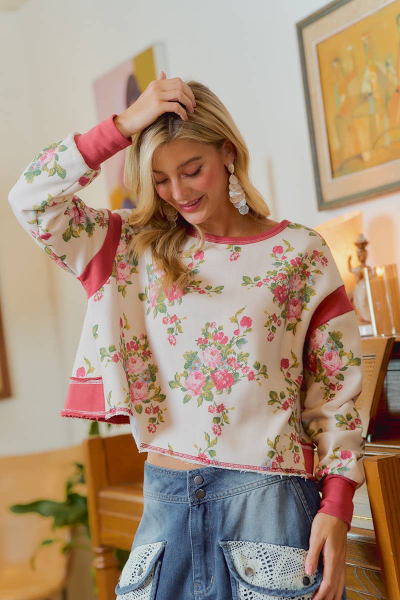 FLORAL BRUSHED TERRY OPEN BACK
