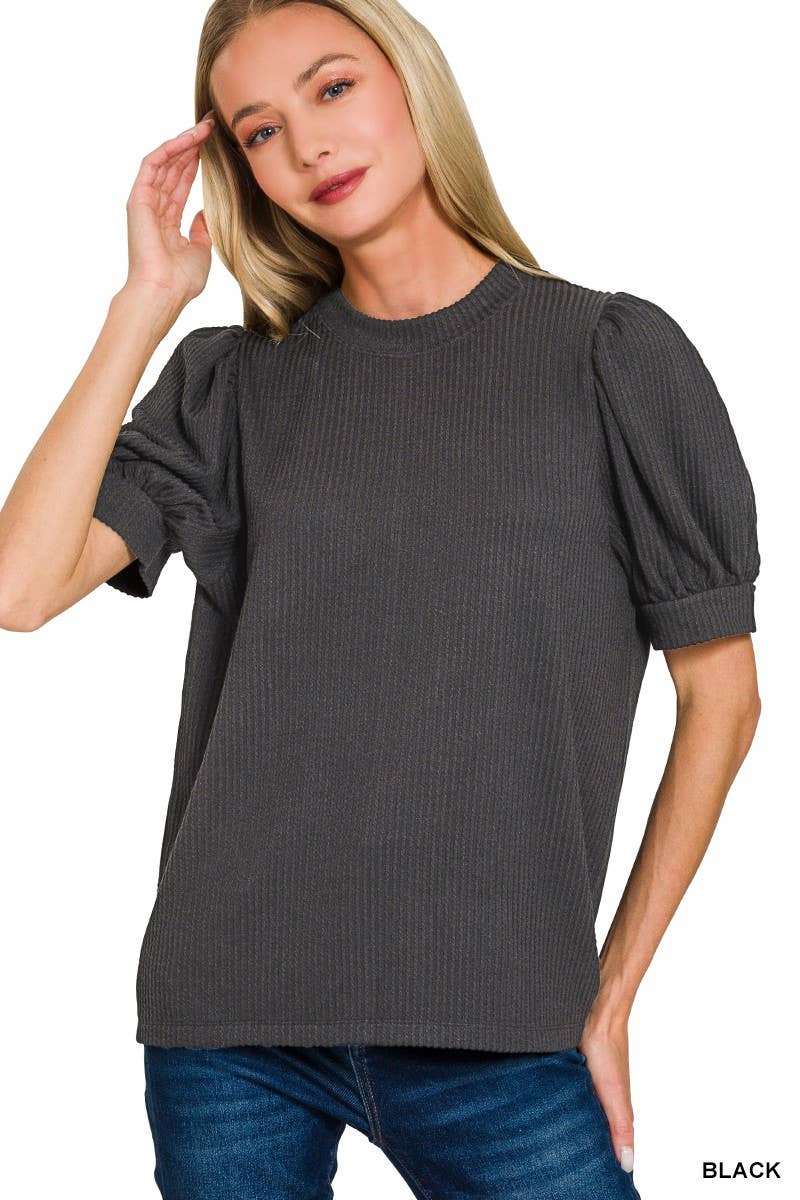 Black Rib Puff Sleeve Top