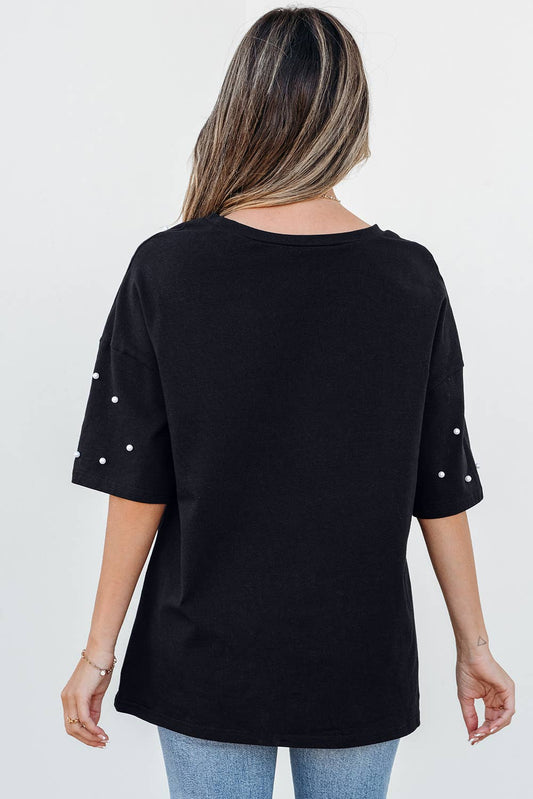 Pearl Beaded Drop Shoulder Crewneck T Shirt