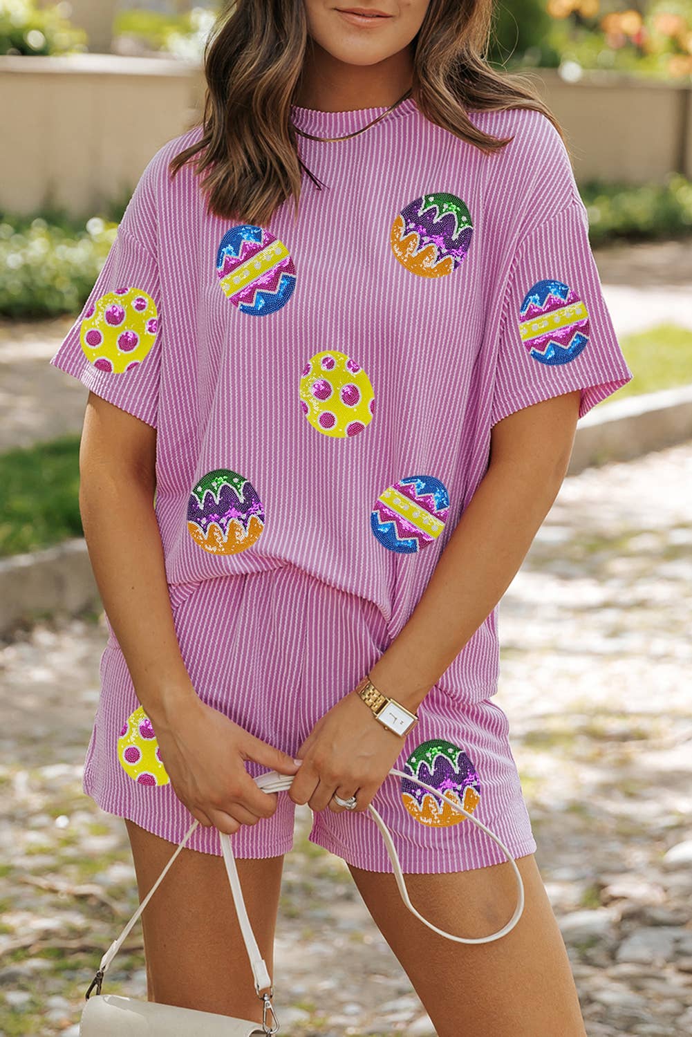 Ribbed Sequined Easter Bunny/Egg Graphic Tee and Short Set