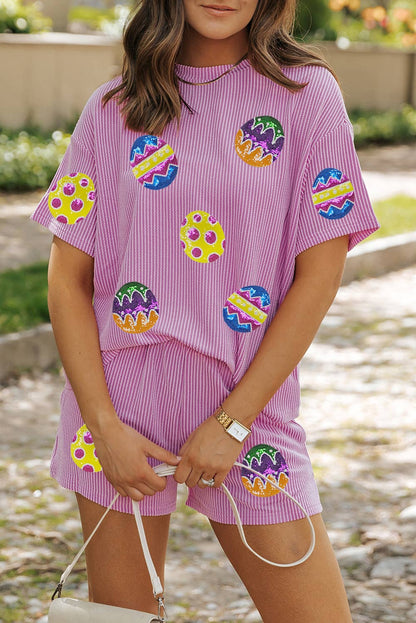 Ribbed Sequined Easter Bunny/Egg Graphic Tee and Short Set