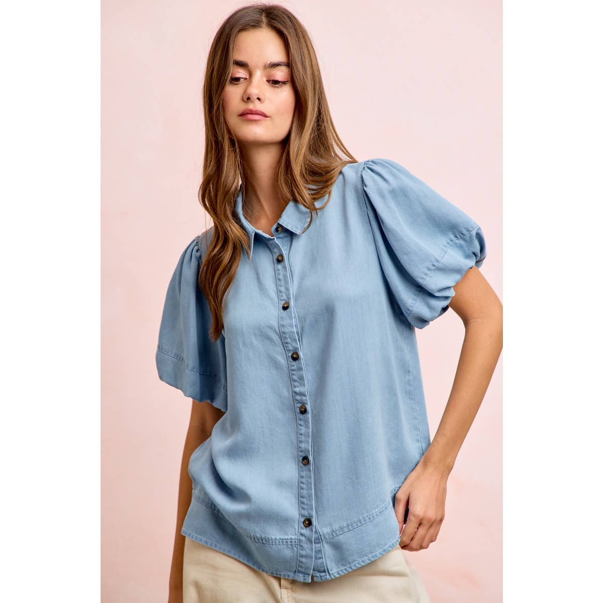 PUFF SLEEVES WASHED TENCEL SHIRT TOP