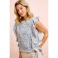 FLORAL PRINTED TWILL LACE TRIM DETAIL SIDE BOW TIED TOP