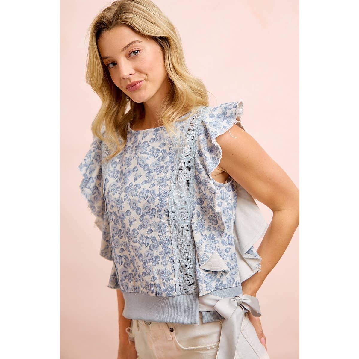 FLORAL PRINTED TWILL LACE TRIM DETAIL SIDE BOW TIED TOP