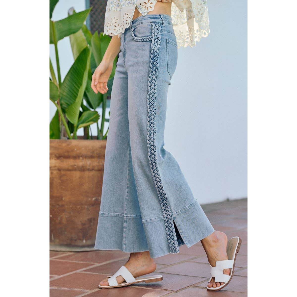 WIDE LEG FLARE DENIM JEANS WITH SIDE  BRAIDS