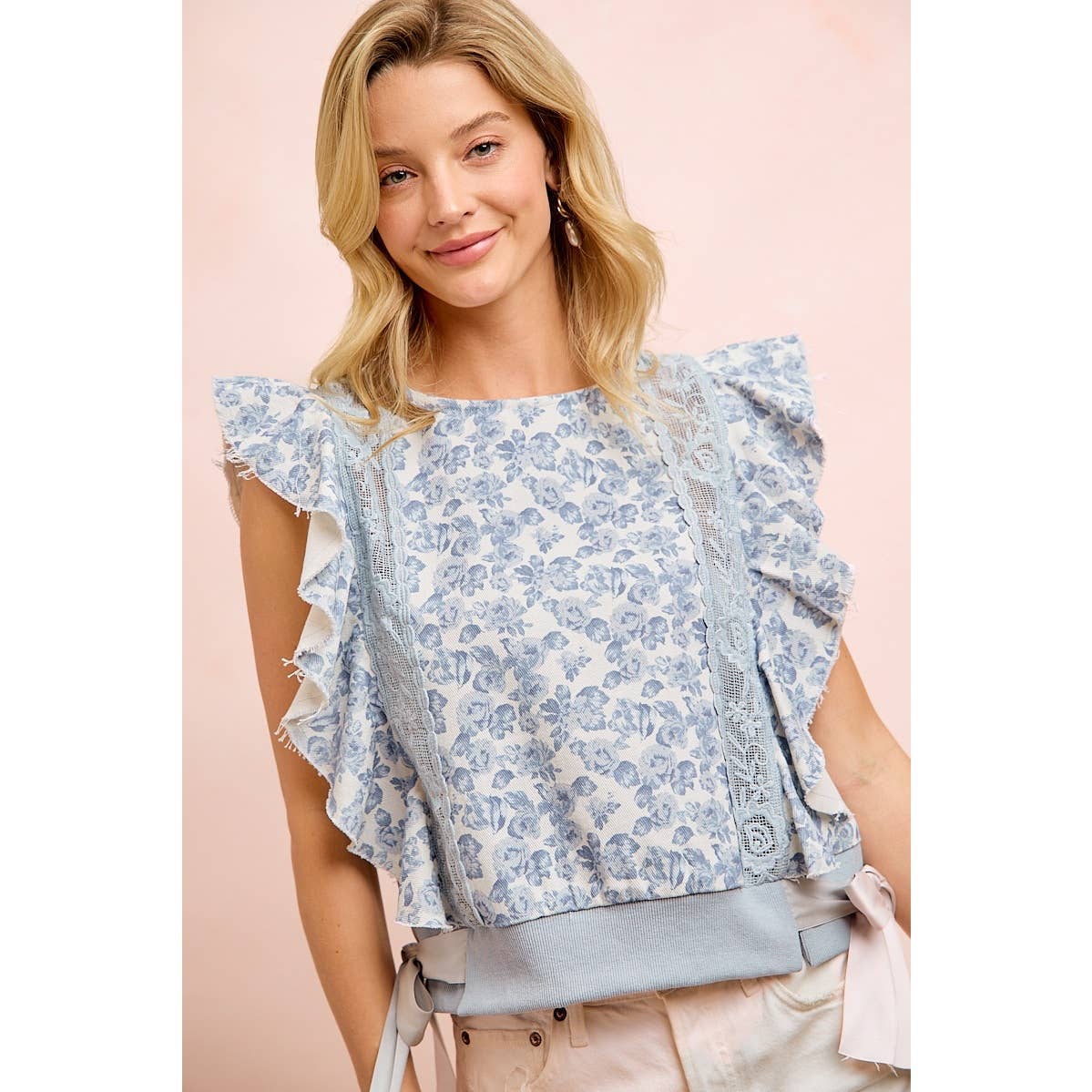 FLORAL PRINTED TWILL LACE TRIM DETAIL SIDE BOW TIED TOP