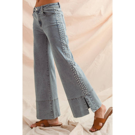 MID RISE FLARE BOTTOM DENIM JEANS WITH SIDE PEARL