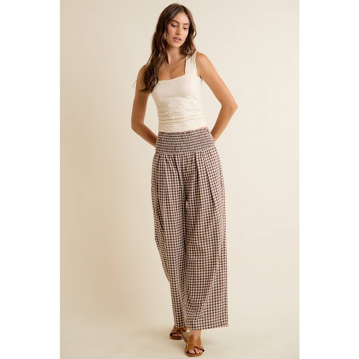 GINGHAM SMOCKED WAIST WIDE LEG PANTS