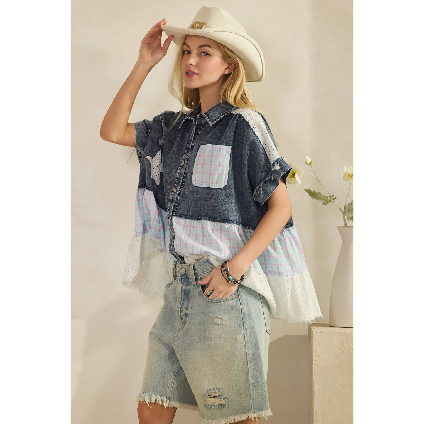 LACE & STARS DENIM BLOUSE