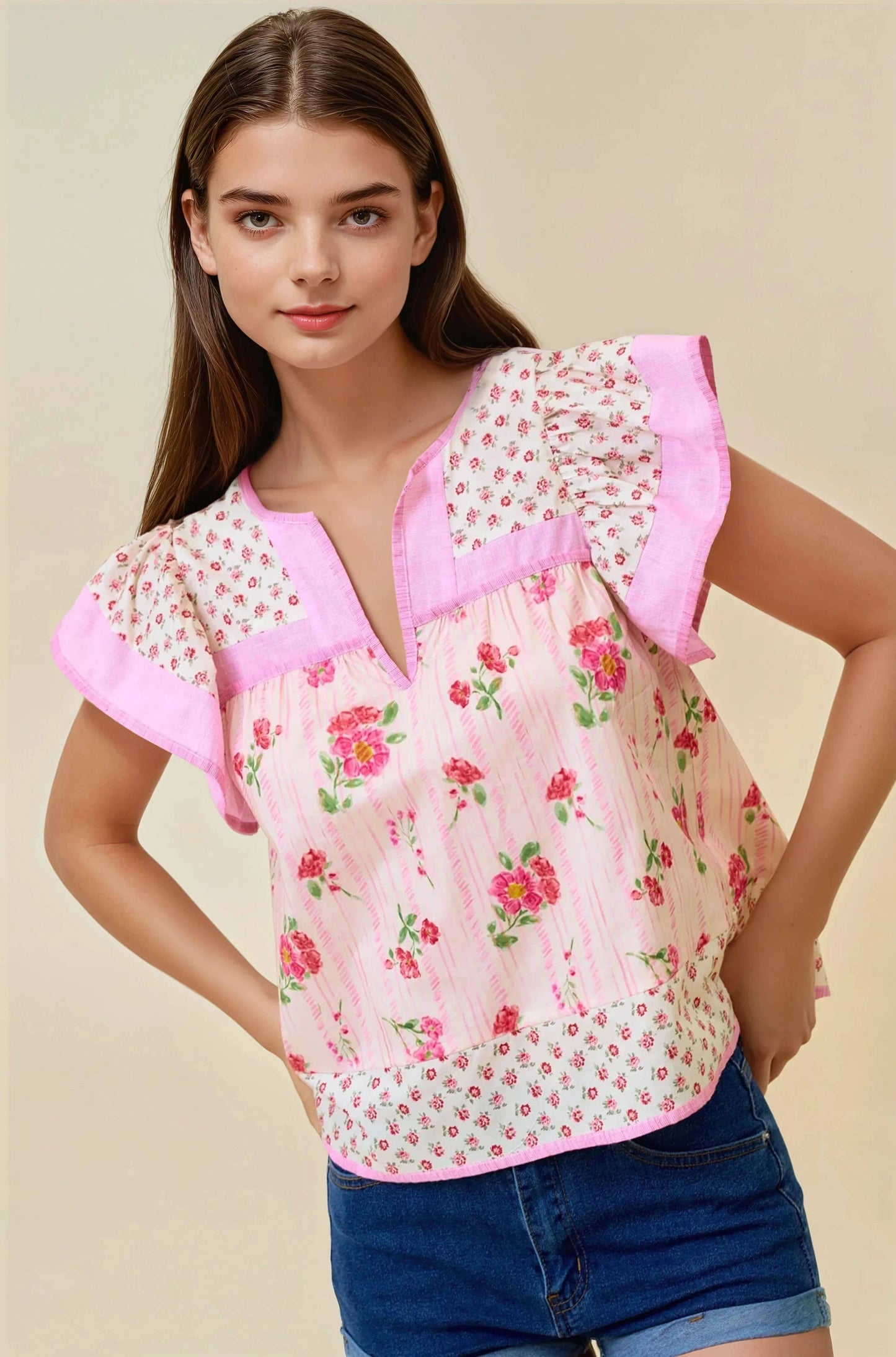 MIXED PRINT FLUTTER SLEEVE TOP