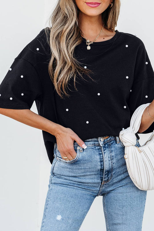 Pearl Beaded Drop Shoulder Crewneck T Shirt