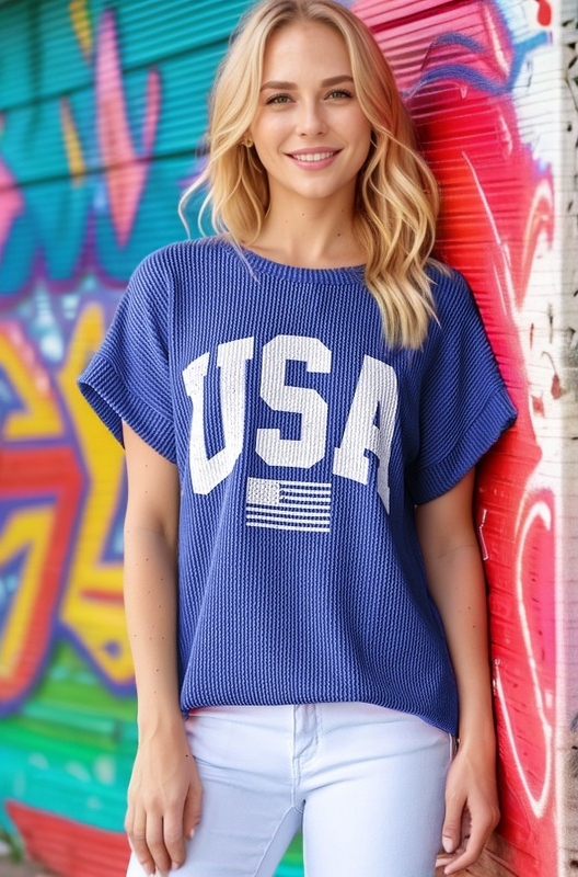 SOLID RIBBED USA LETTERING TOP
