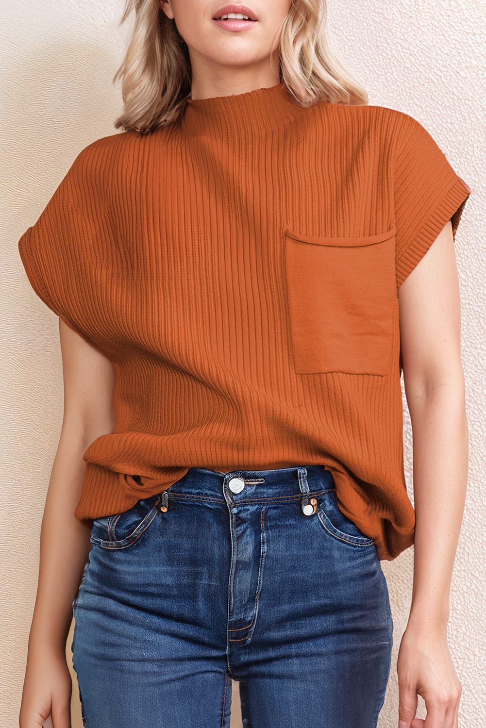 Back to School Patch Pocket Ribbed Knit Short Sleeve Sweater