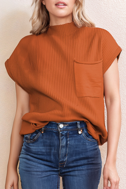 Back to School Patch Pocket Ribbed Knit Short Sleeve Sweater