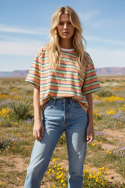 Striped Short Sleeve Relaxed Fit Knit Top