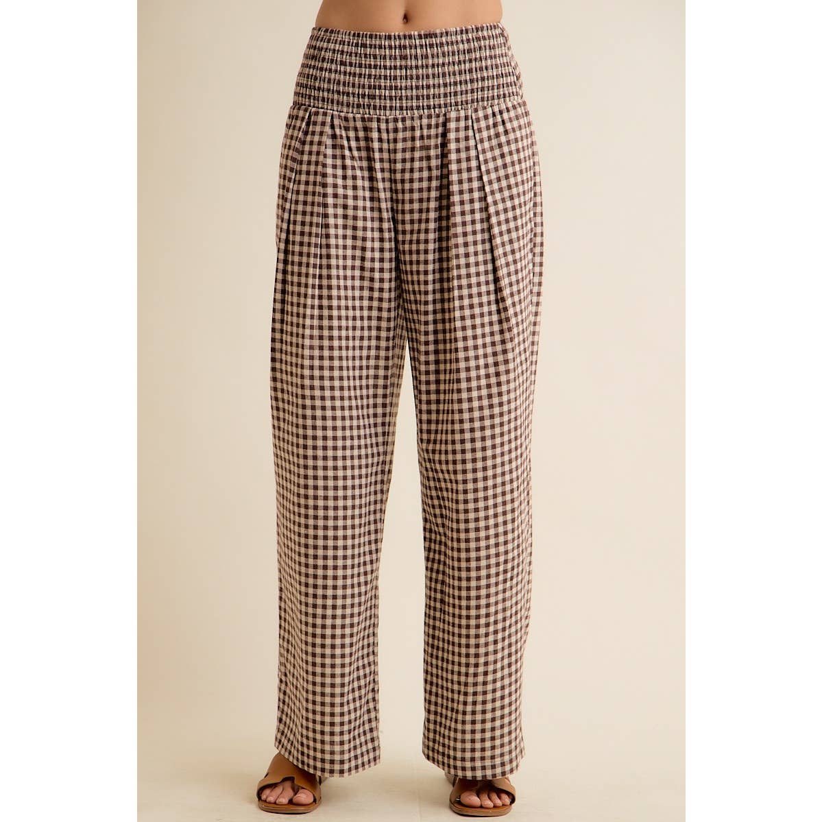 GINGHAM SMOCKED WAIST WIDE LEG PANTS