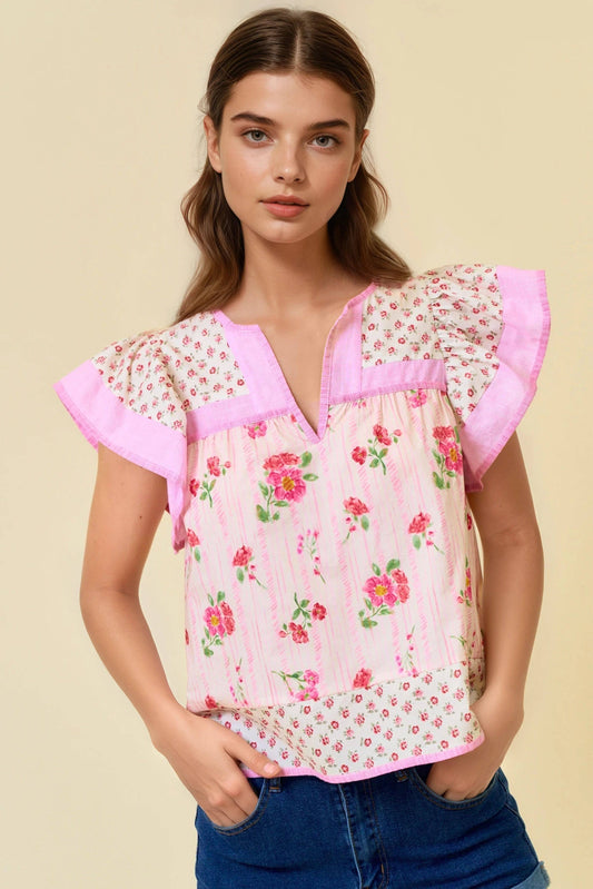 MIXED PRINT FLUTTER SLEEVE TOP