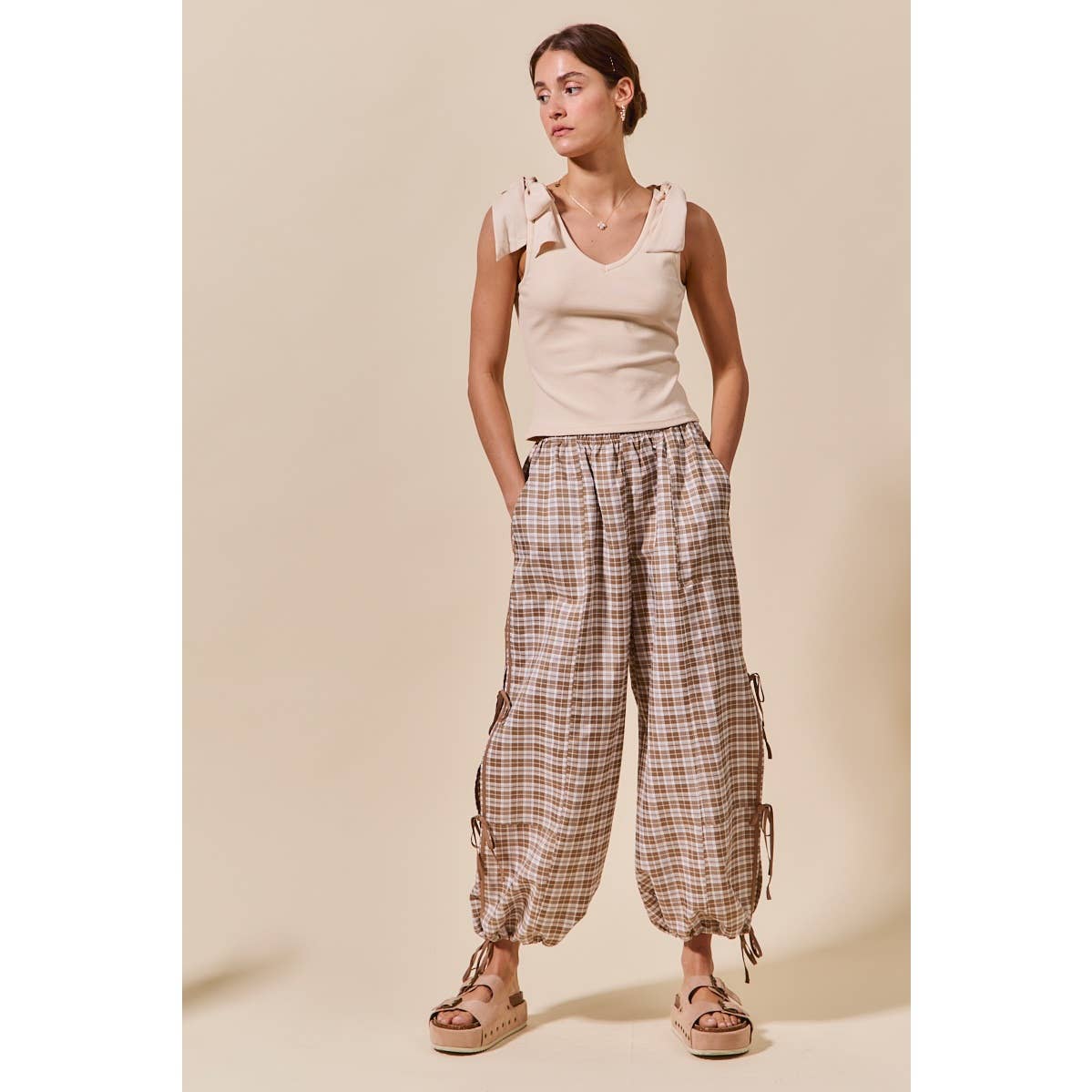 CHECKERED PLAID ELASTICIZED JOGGER TRACK PANTS