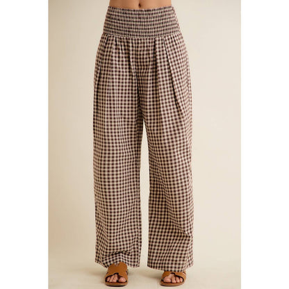 GINGHAM SMOCKED WAIST WIDE LEG PANTS