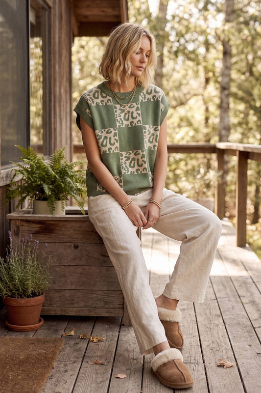 Leopard Checkerboard Sweater Vest