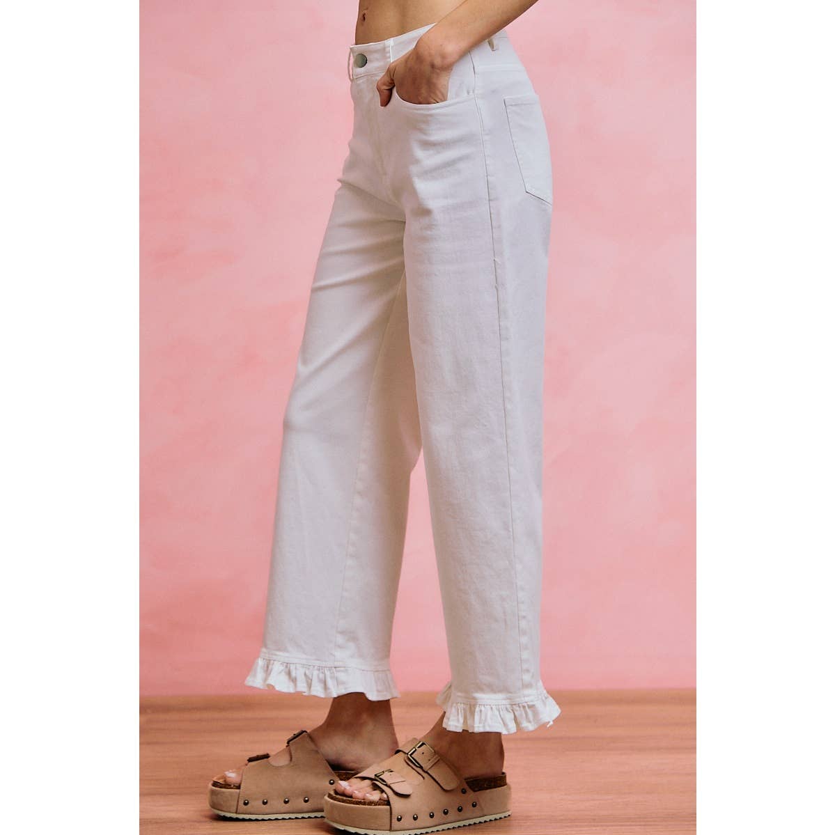 RUFFLED BOTTOM DENIM JEANS PANTS