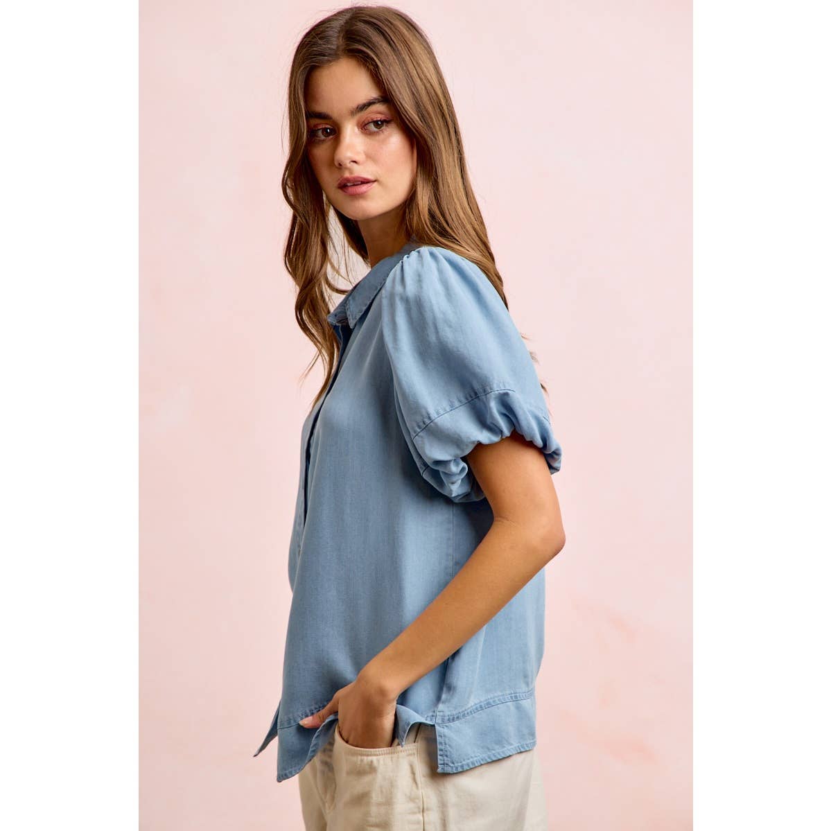PUFF SLEEVES WASHED TENCEL SHIRT TOP