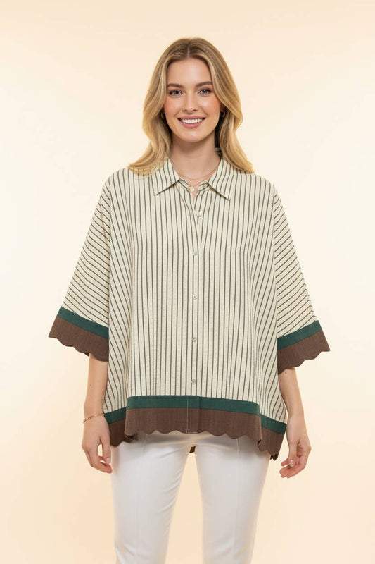 Striped Button Front Blouse with Scallop Hem