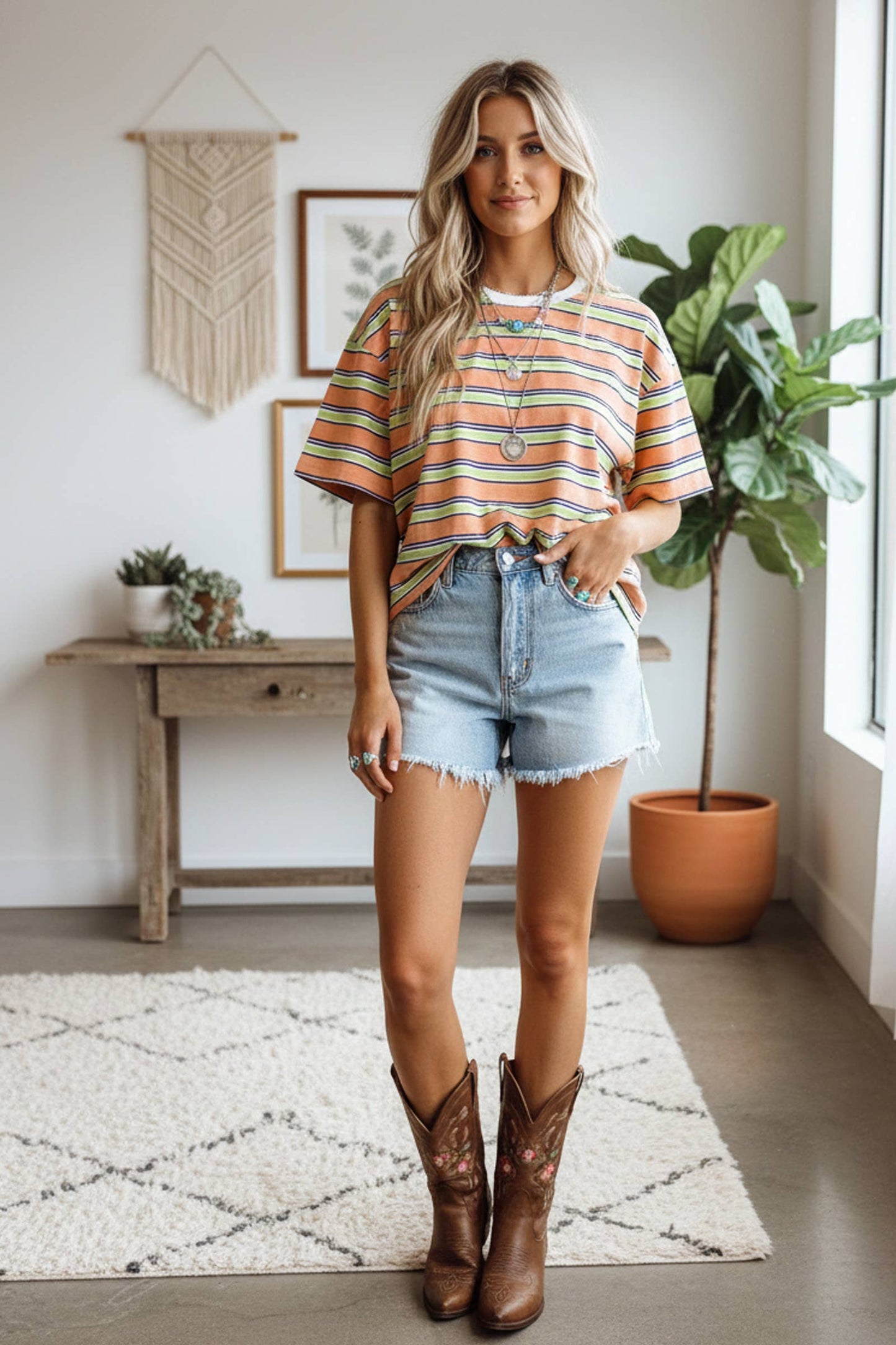 Striped Short Sleeve Relaxed Fit Knit Top