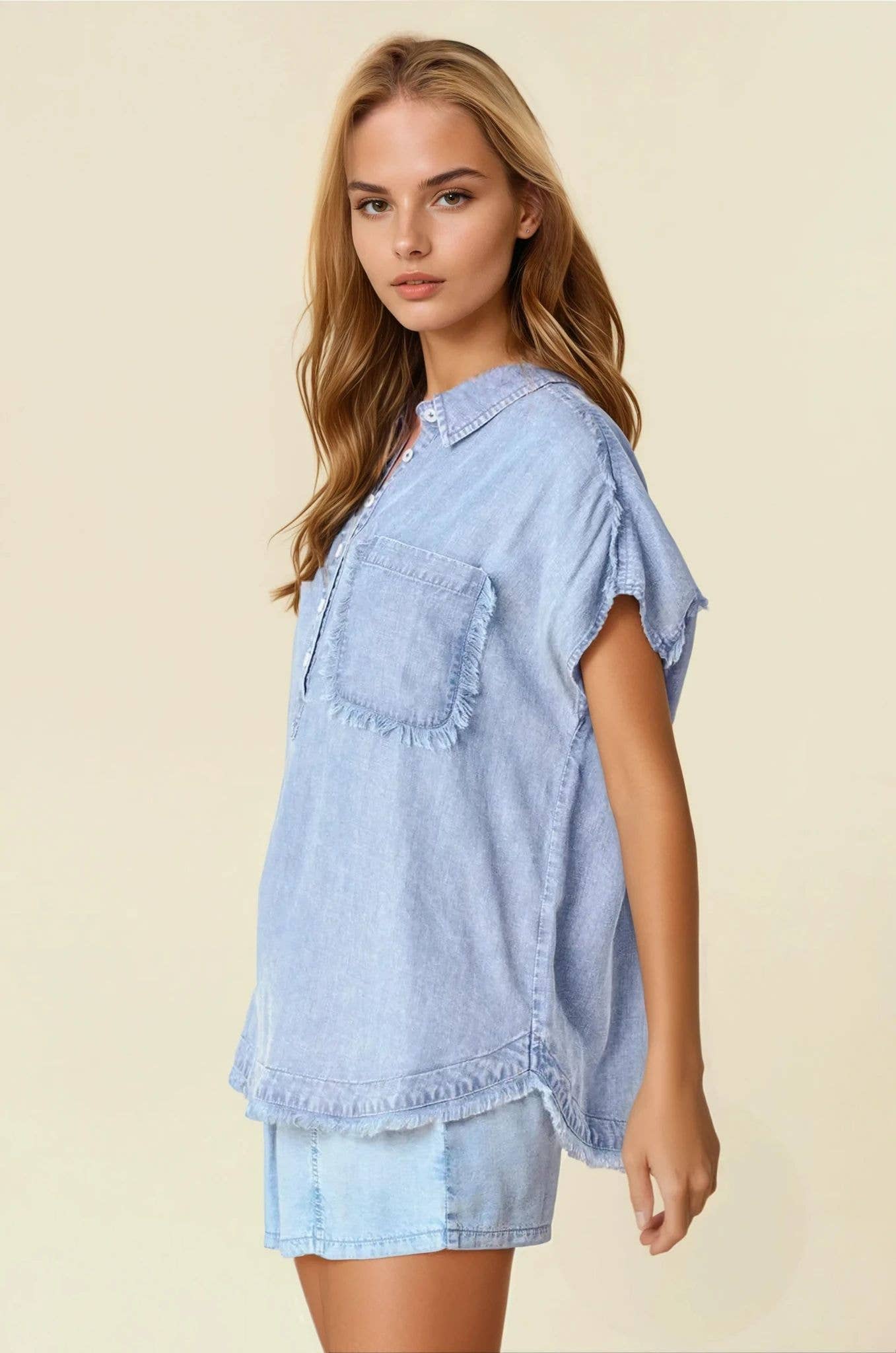 TENCEL DENIM FRAY DETAILED DOLMAN SHORT SLEEVE
