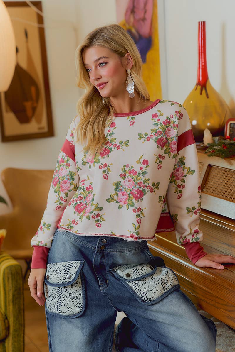 FLORAL BRUSHED TERRY OPEN BACK