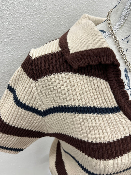 Striped collared short sleeve cropped sweater