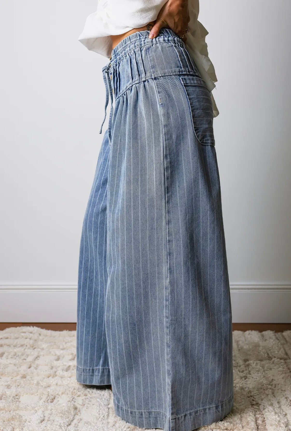 Stripe Button Pleated Drawstring Wide Pants