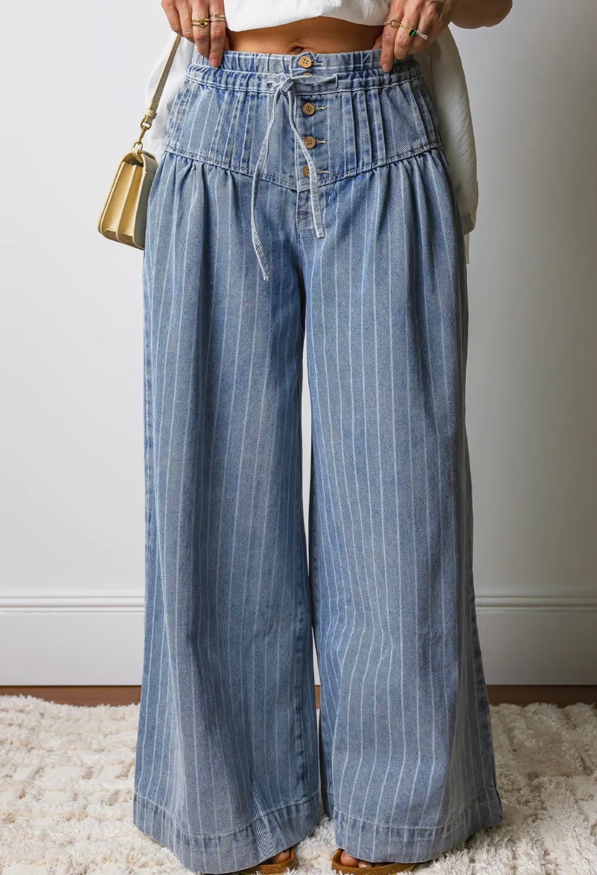 Stripe Button Pleated Drawstring Wide Pants