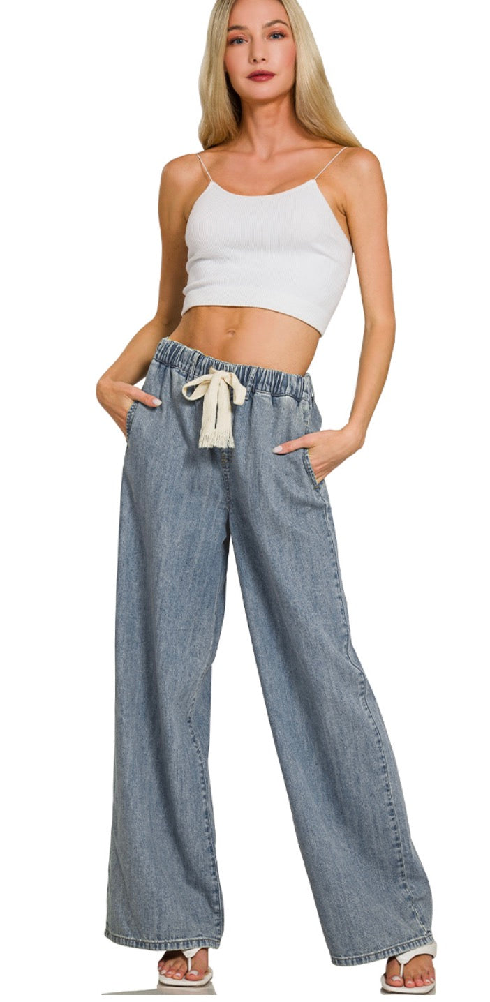 WIDE LEG DRAWSTRING ELASTIC WAISTBAND DENIM PANTS