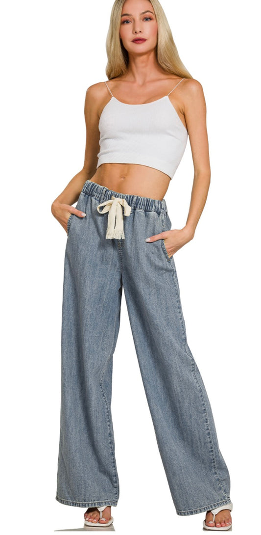 WIDE LEG DRAWSTRING ELASTIC WAISTBAND DENIM PANTS