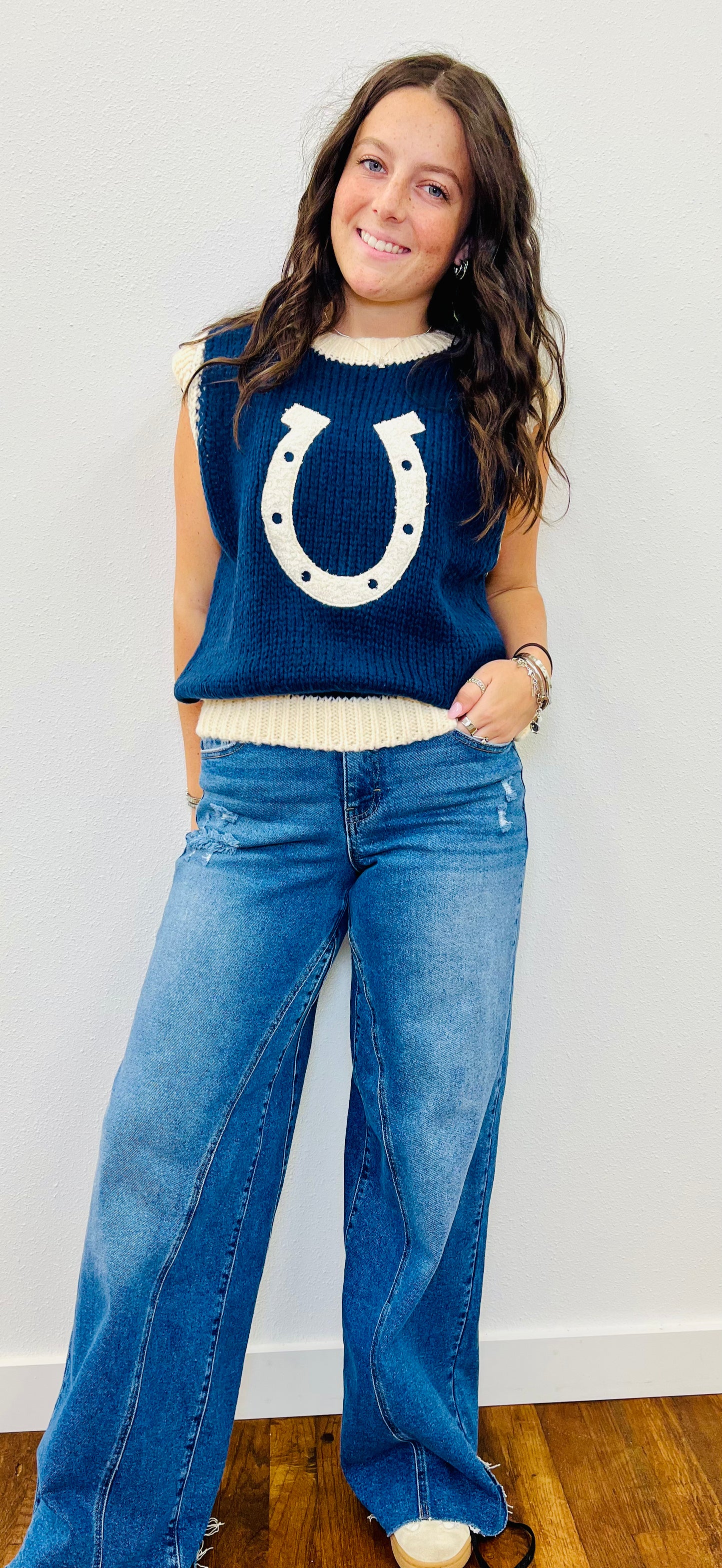 Western Horseshoe Crochet Knit Ribbed Trim Sweater Vest