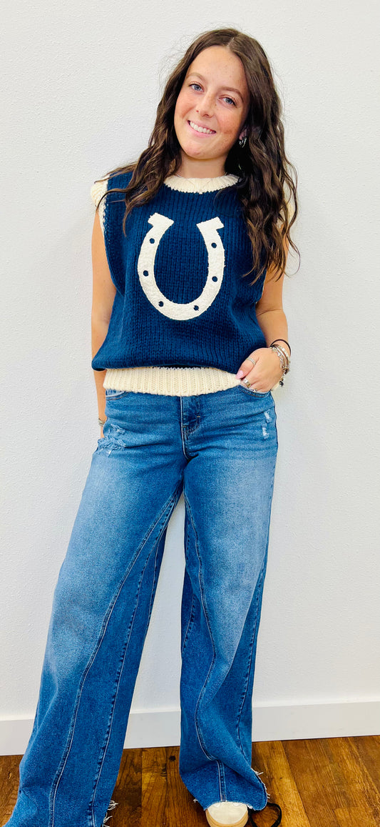 Western Horseshoe Crochet Knit Ribbed Trim Sweater Vest