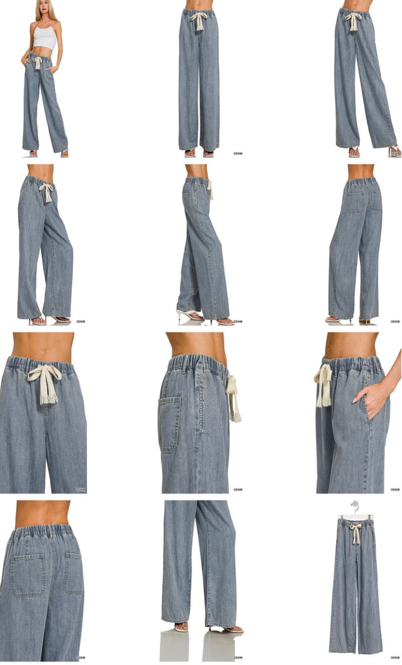 WIDE LEG DRAWSTRING ELASTIC WAISTBAND DENIM PANTS