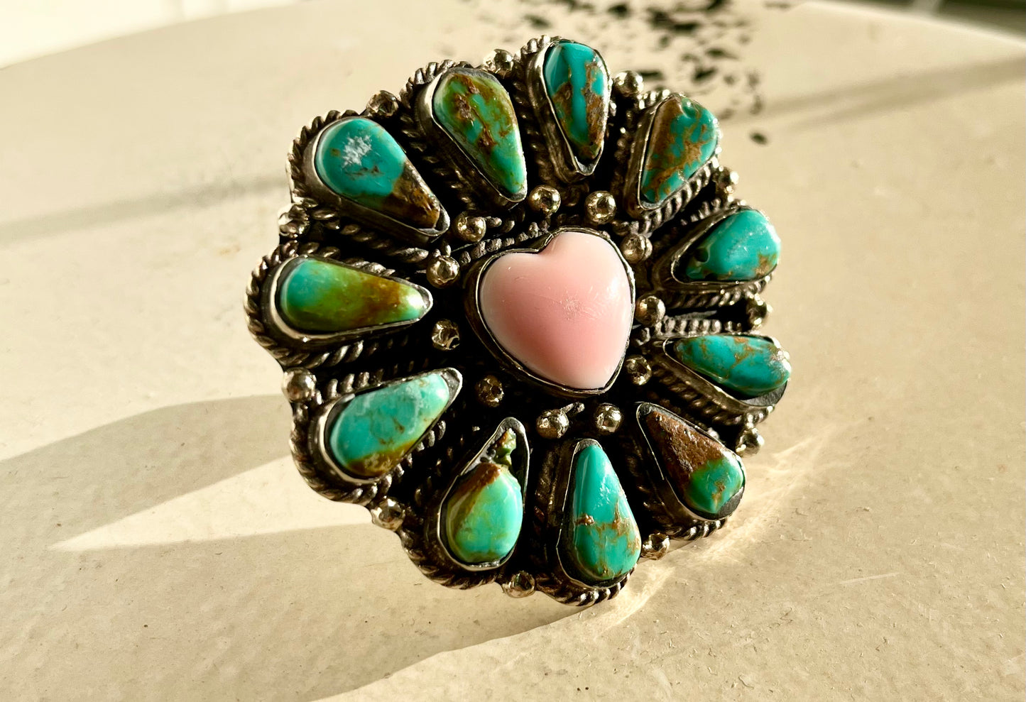 Turquoise and pink heart ring