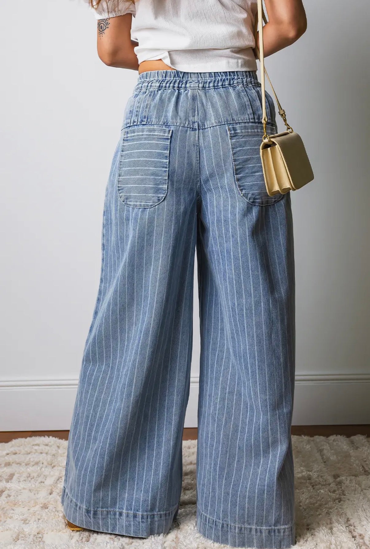 Stripe Button Pleated Drawstring Wide Pants