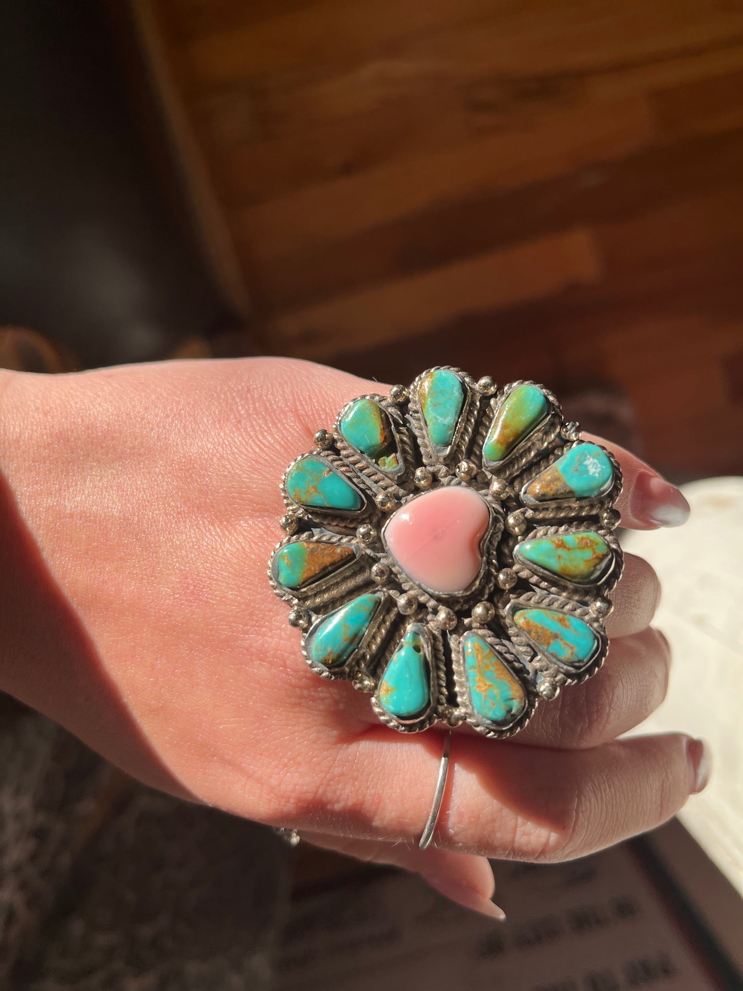 Turquoise and pink heart ring