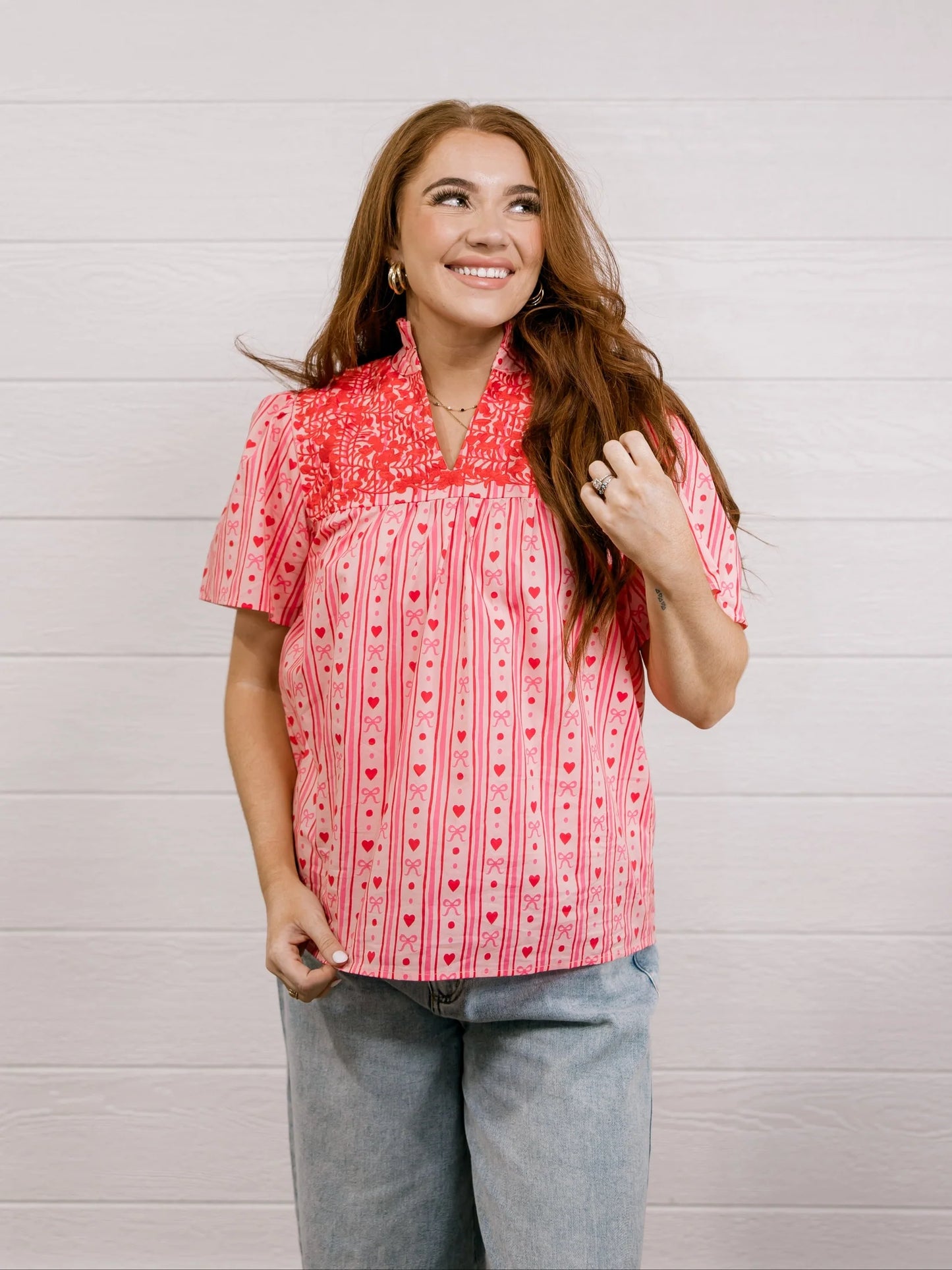 Pink & Red heart Embroidery Blouse