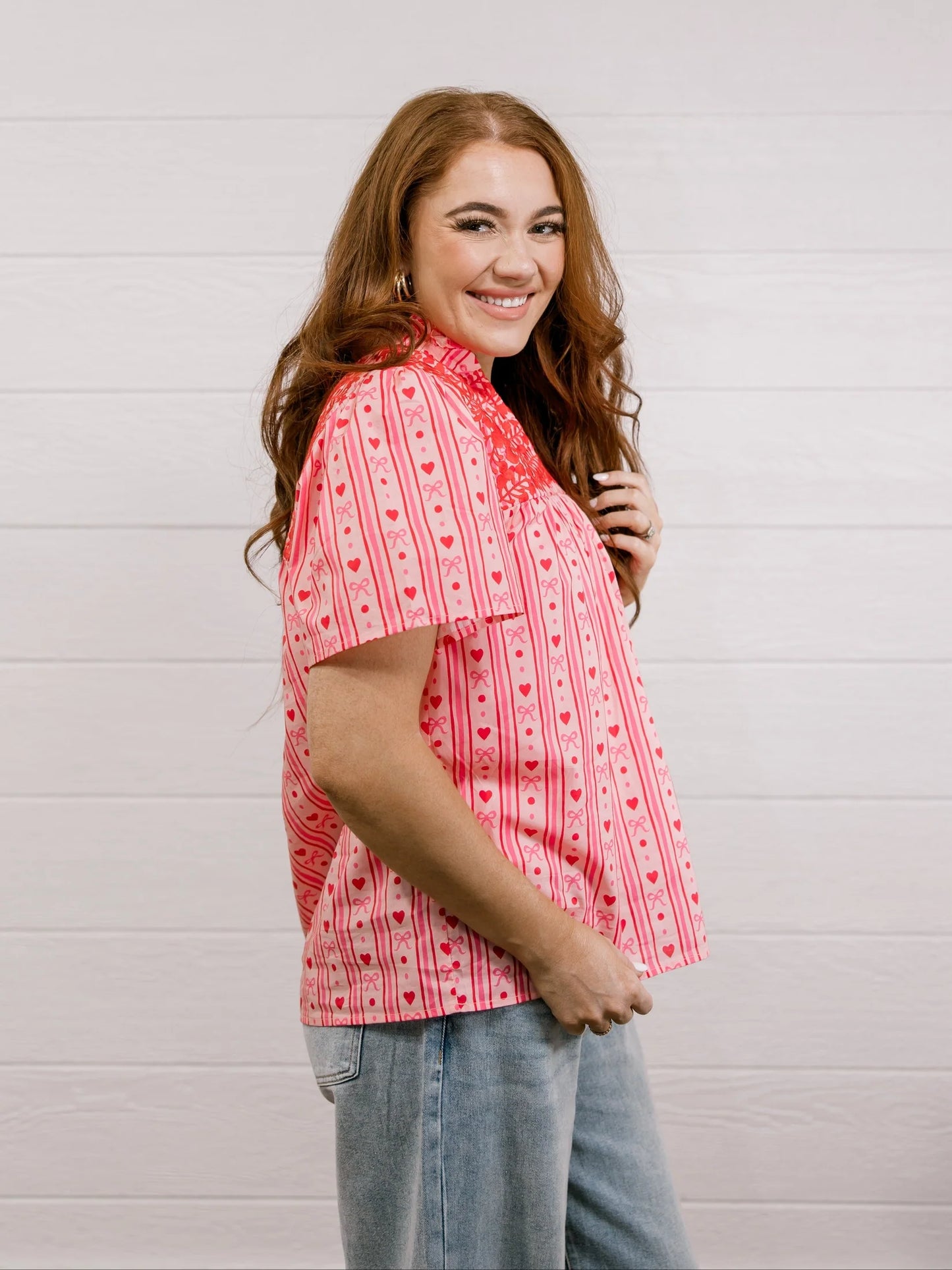 Pink & Red heart Embroidery Blouse